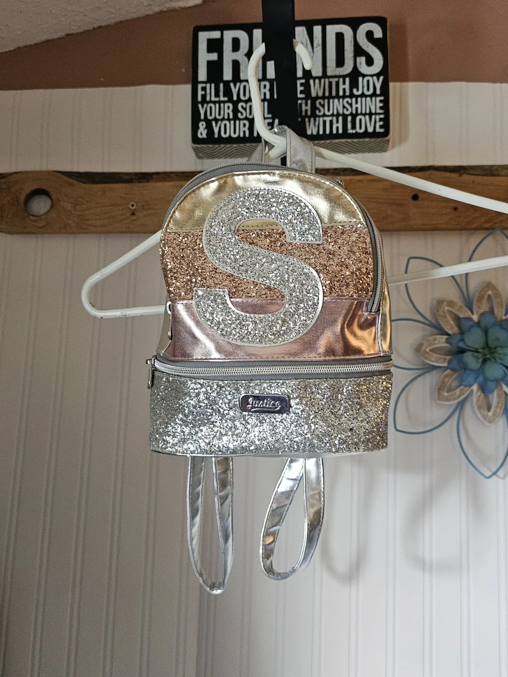 Justice Glitter 'S' Mini Backpack - Silver & Rose Gold